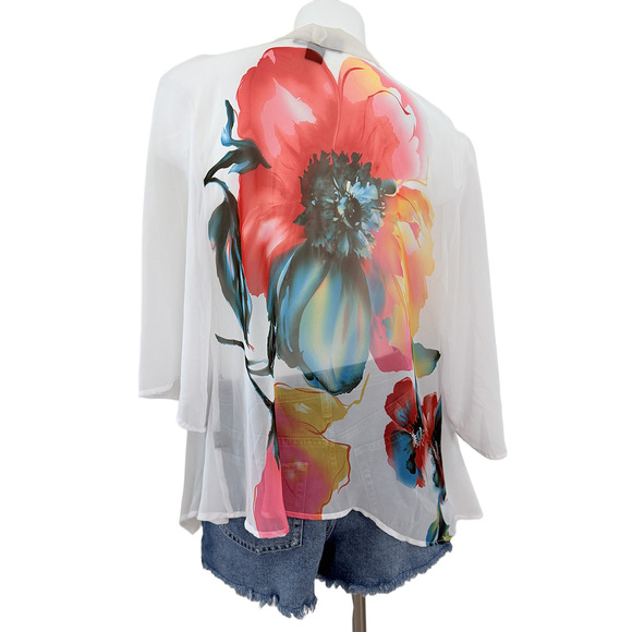Ultimate Tops - Festival Ethereal vibrant watercolor floral print sheer kimono open cardigan